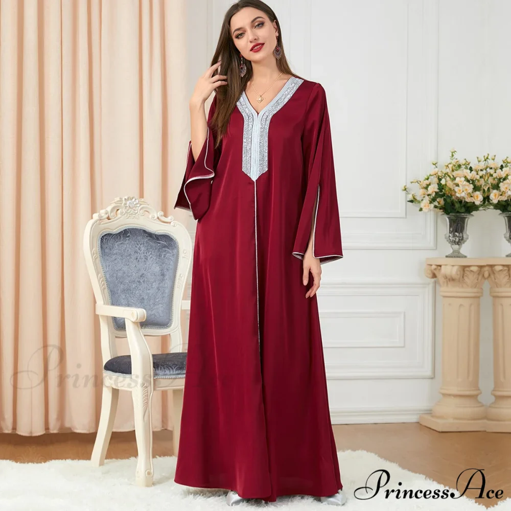 Neck Muslim Longue Full-Length Diamond India Dubai V Robe Vestidos Caftan Party Gown Abaya Women's Prayer Largos - Image 6