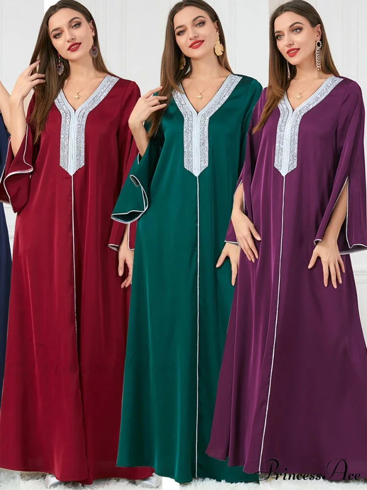 Neck Muslim Longue Full-Length Diamond India Dubai V Robe Vestidos Caftan Party Gown Abaya Women's Prayer Largos - Image 8