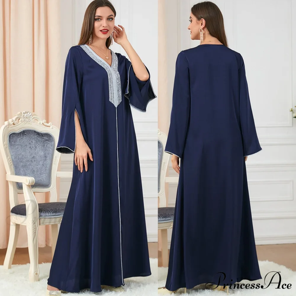 Neck Muslim Longue Full-Length Diamond India Dubai V Robe Vestidos Caftan Party Gown Abaya Women's Prayer Largos - Image 9