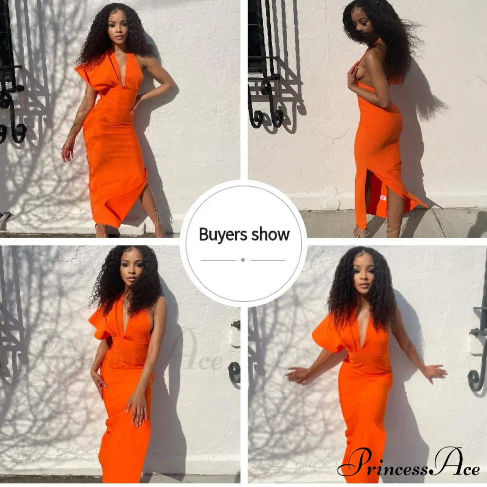 Party Club Neck Backless Orange Black Side Women Trends Long Gown Fashion Evening V Vestidos Gown Draped Split Bandage 2024 - Image 13