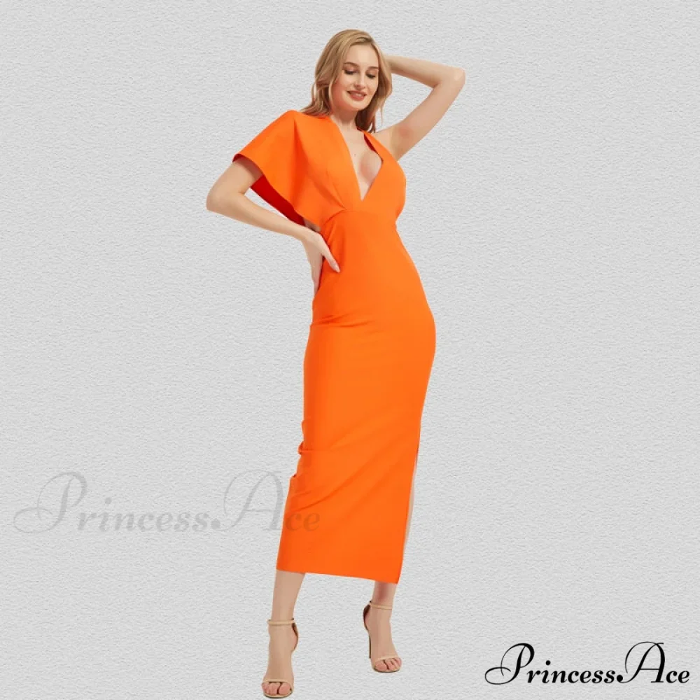 Party Club Neck Backless Orange Black Side Women Trends Long Gown Fashion Evening V Vestidos Gown Draped Split Bandage 2024 - Image 2