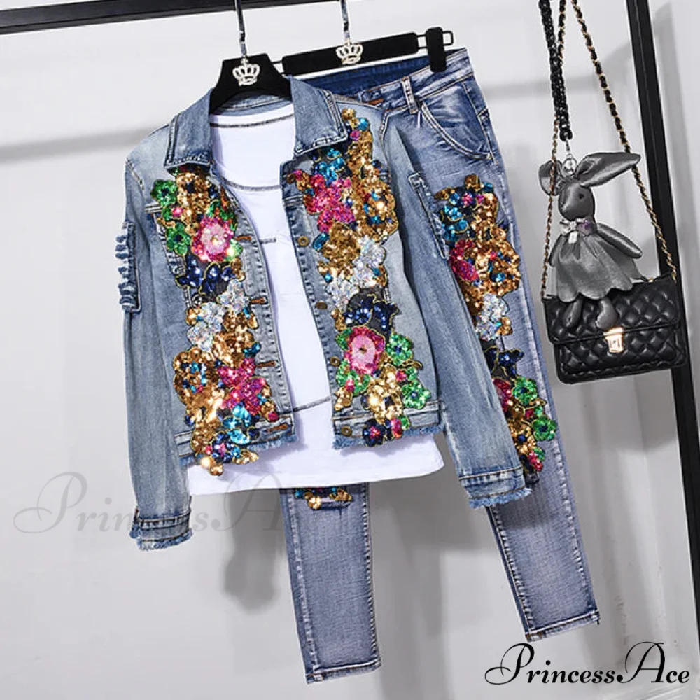 Style European Flower Suit Women Jeans Pants Outfit Jacket & Denim Fashion Sequined Set - Image 2