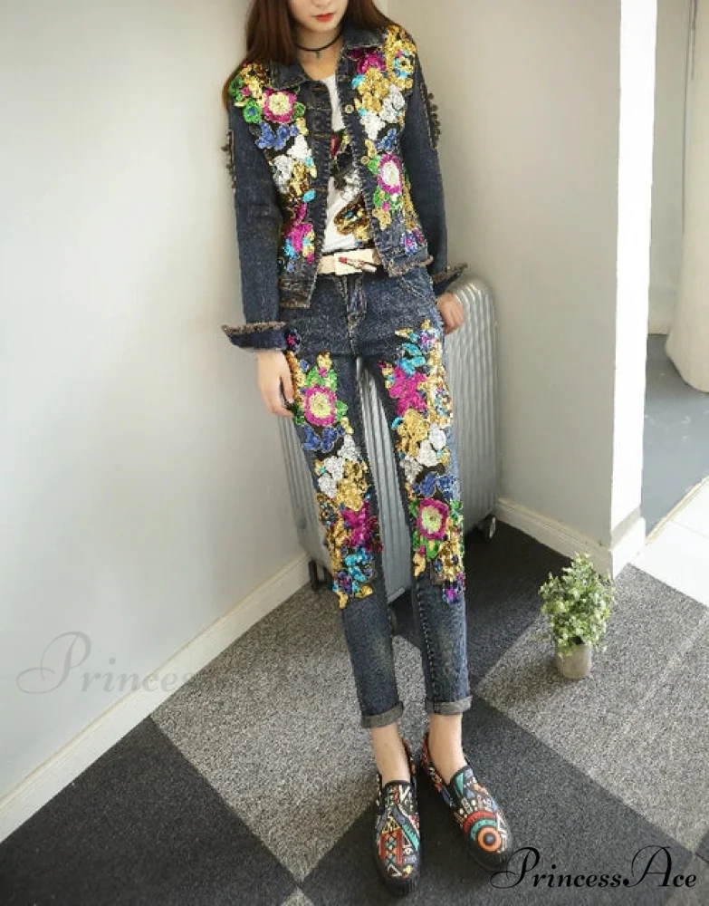 Style European Flower Suit Women Jeans Pants Outfit Jacket & Denim Fashion Sequined Set - Image 4