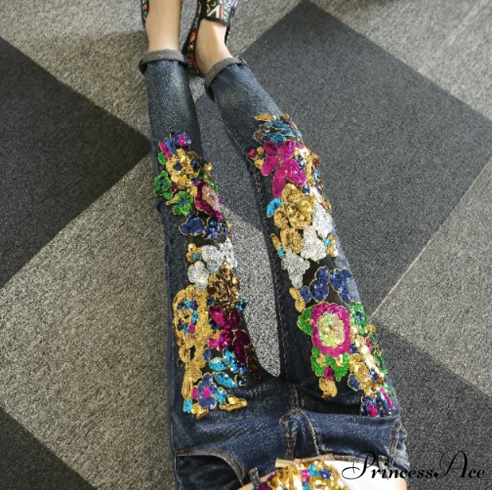 Style European Flower Suit Women Jeans Pants Outfit Jacket & Denim Fashion Sequined Set - Image 5