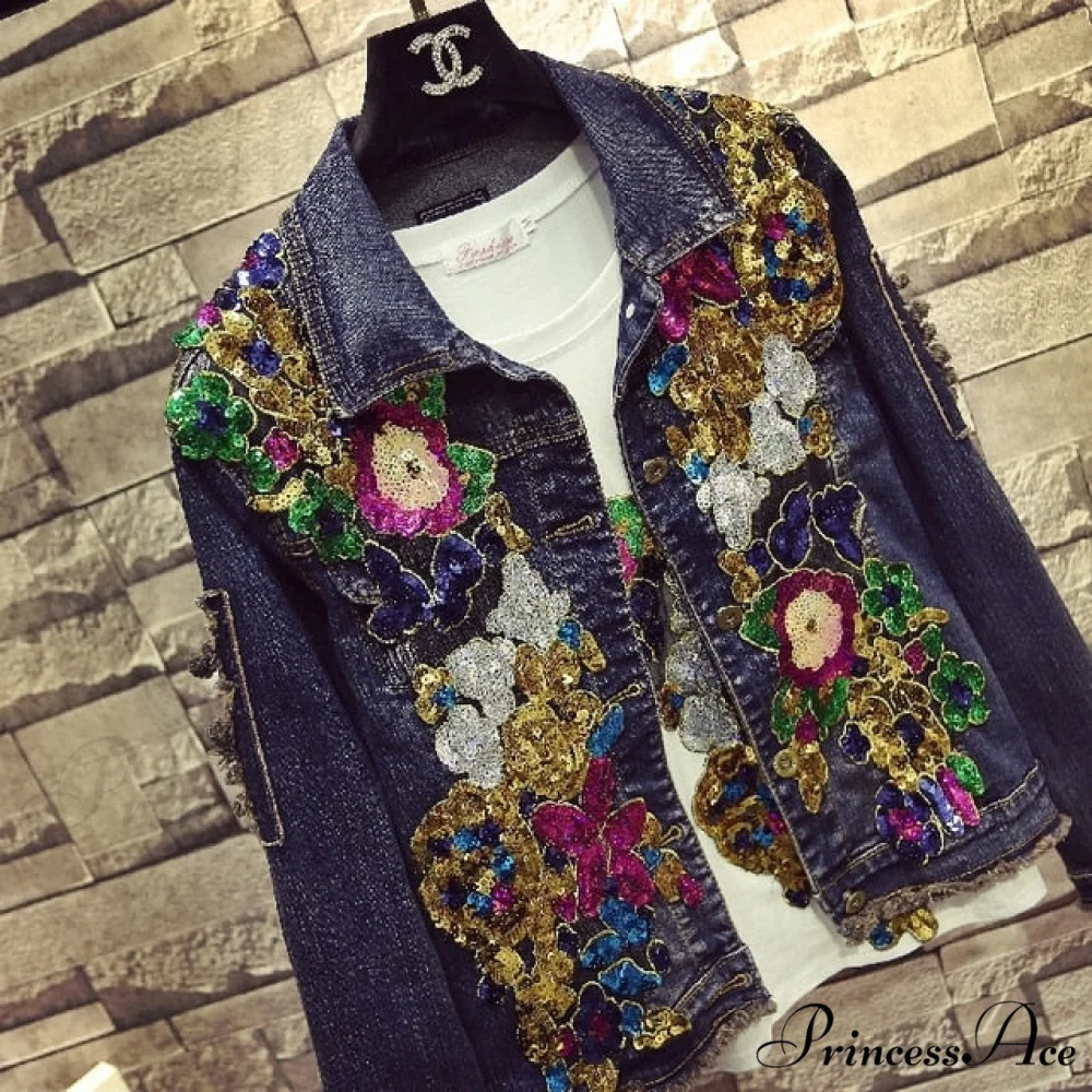 Style European Flower Suit Women Jeans Pants Outfit Jacket & Denim Fashion Sequined Set - Image 6