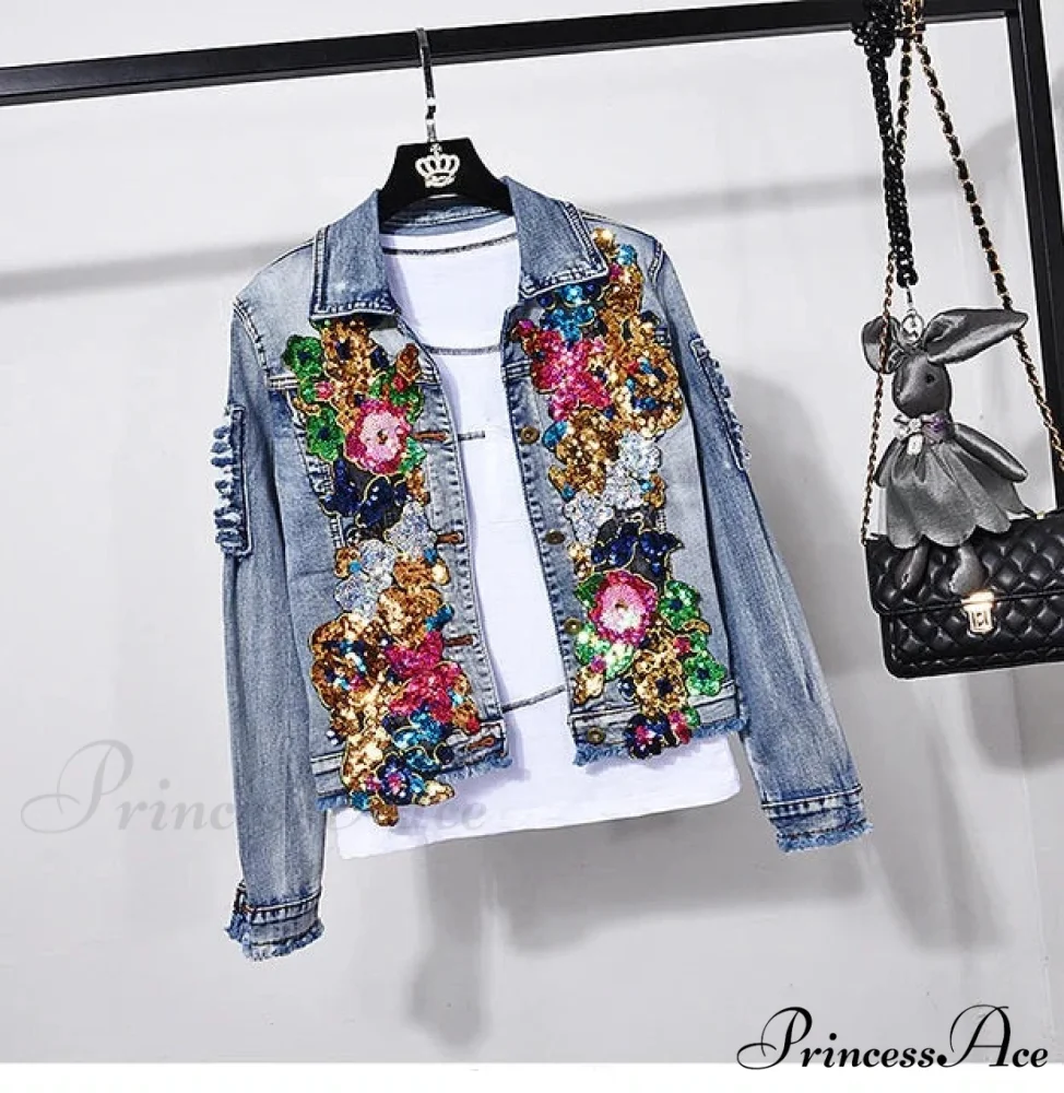 Style European Flower Suit Women Jeans Pants Outfit Jacket & Denim Fashion Sequined Set - Image 7