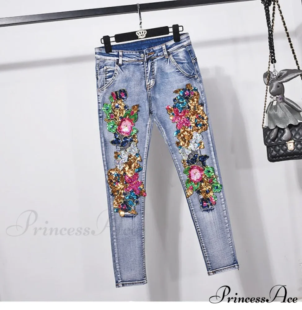 Style European Flower Suit Women Jeans Pants Outfit Jacket & Denim Fashion Sequined Set - Image 8