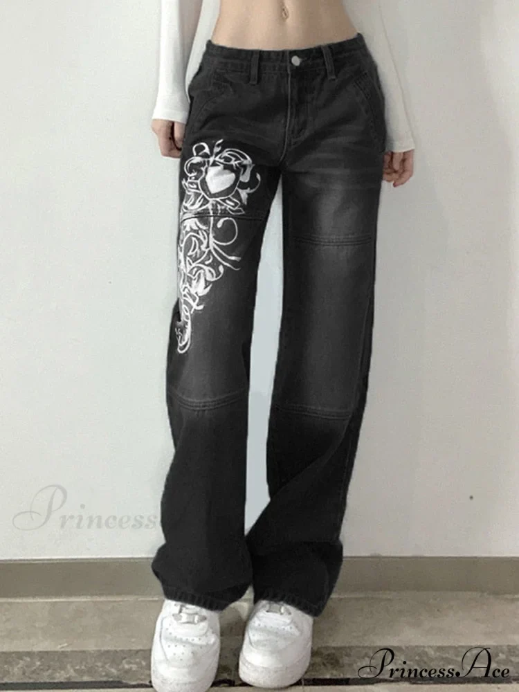 Wide Leg Oversize Y2K Patterned Baggy Winter Cargo Casual Jeans Low Autumn Waist Women's Trousers - Image 2