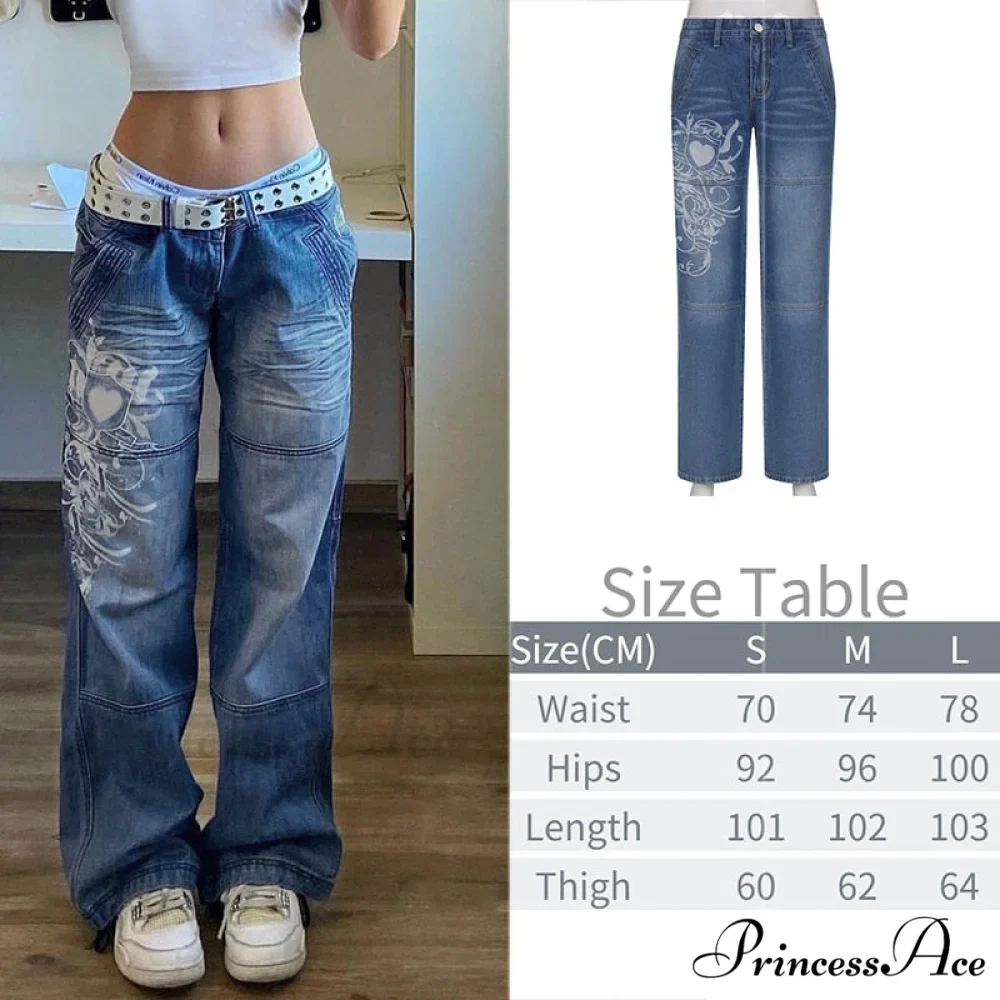 Wide Leg Oversize Y2K Patterned Baggy Winter Cargo Casual Jeans Low Autumn Waist Women's Trousers - Image 3