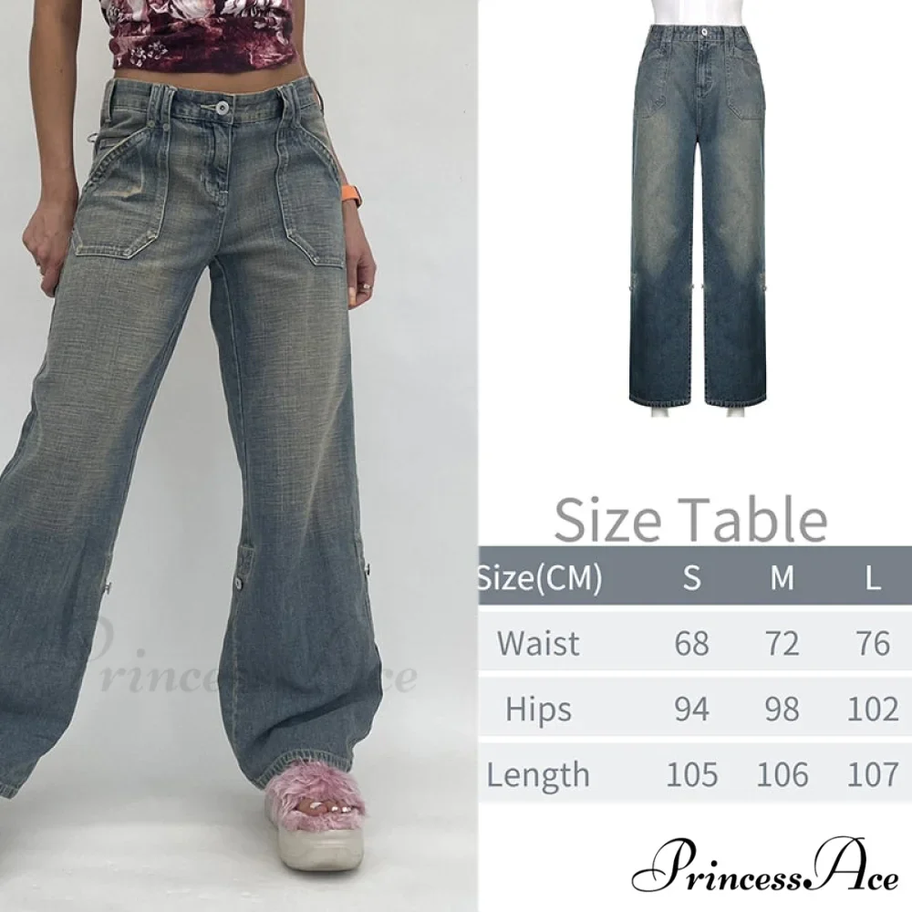 Wide Leg Oversize Y2K Patterned Baggy Winter Cargo Casual Jeans Low Autumn Waist Women's Trousers - Image 5
