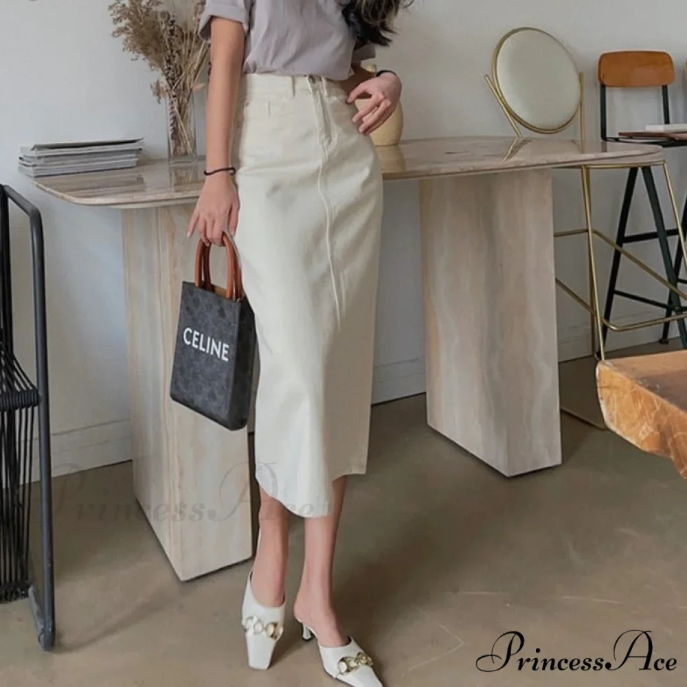 Vintage High Solid Waist Midi Split Denim Warm-Season Women Skirt Elegant White