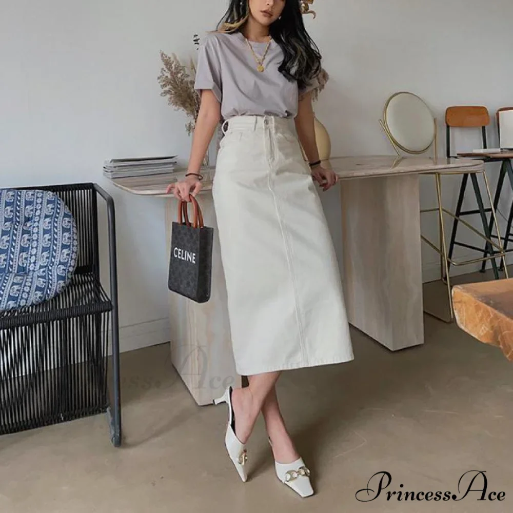 Vintage High Solid Waist Midi Split Denim Warm-Season Women Skirt Elegant White - Image 2