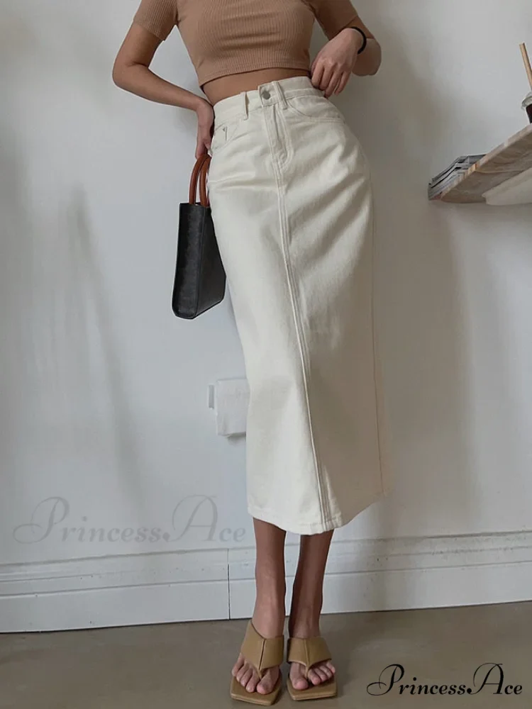 Vintage High Solid Waist Midi Split Denim Warm-Season Women Skirt Elegant White - Image 3