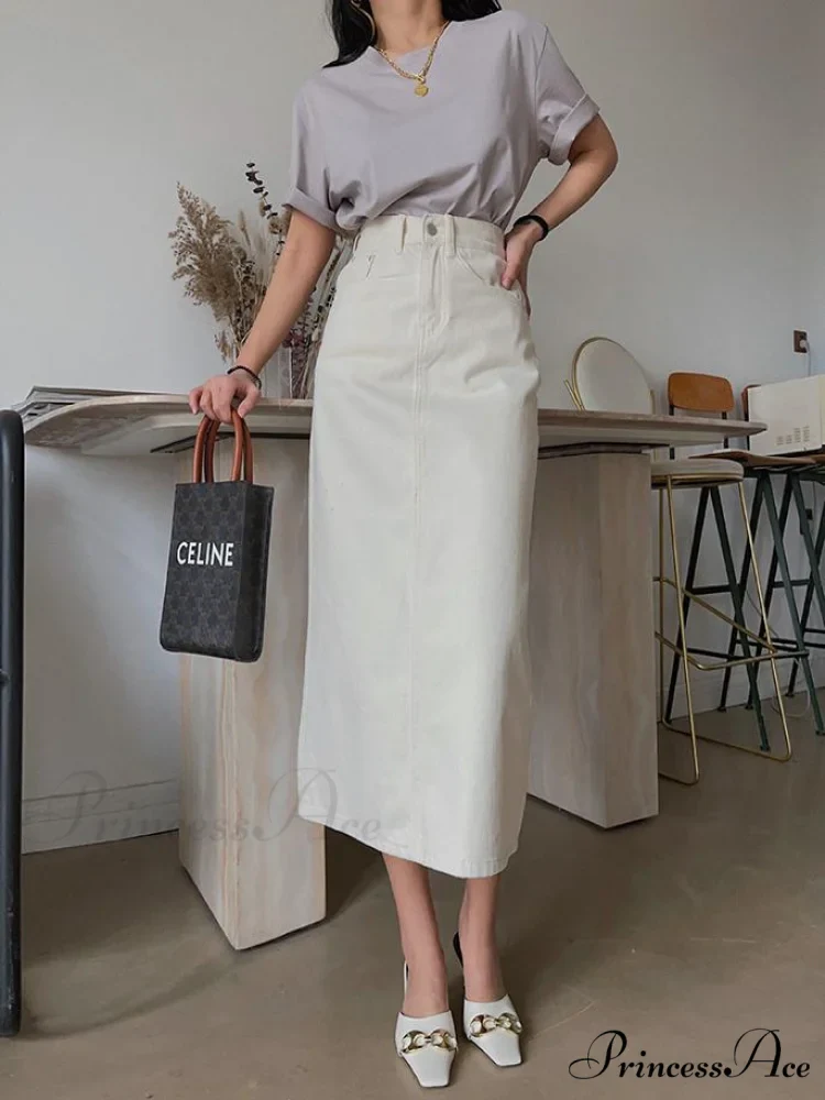 Vintage High Solid Waist Midi Split Denim Warm-Season Women Skirt Elegant White - Image 4