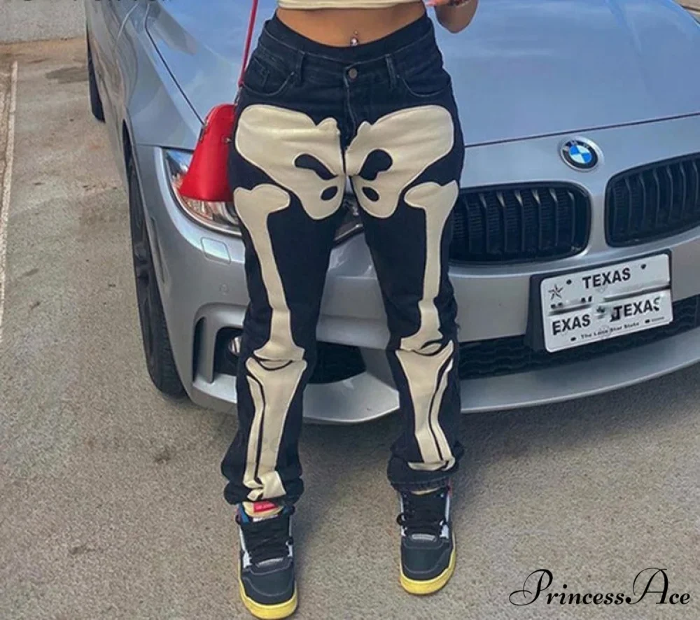 Design Baggy Waist Skeleton Streetwear Jeans Women's Vintage Low Casual Outfits - Image 4