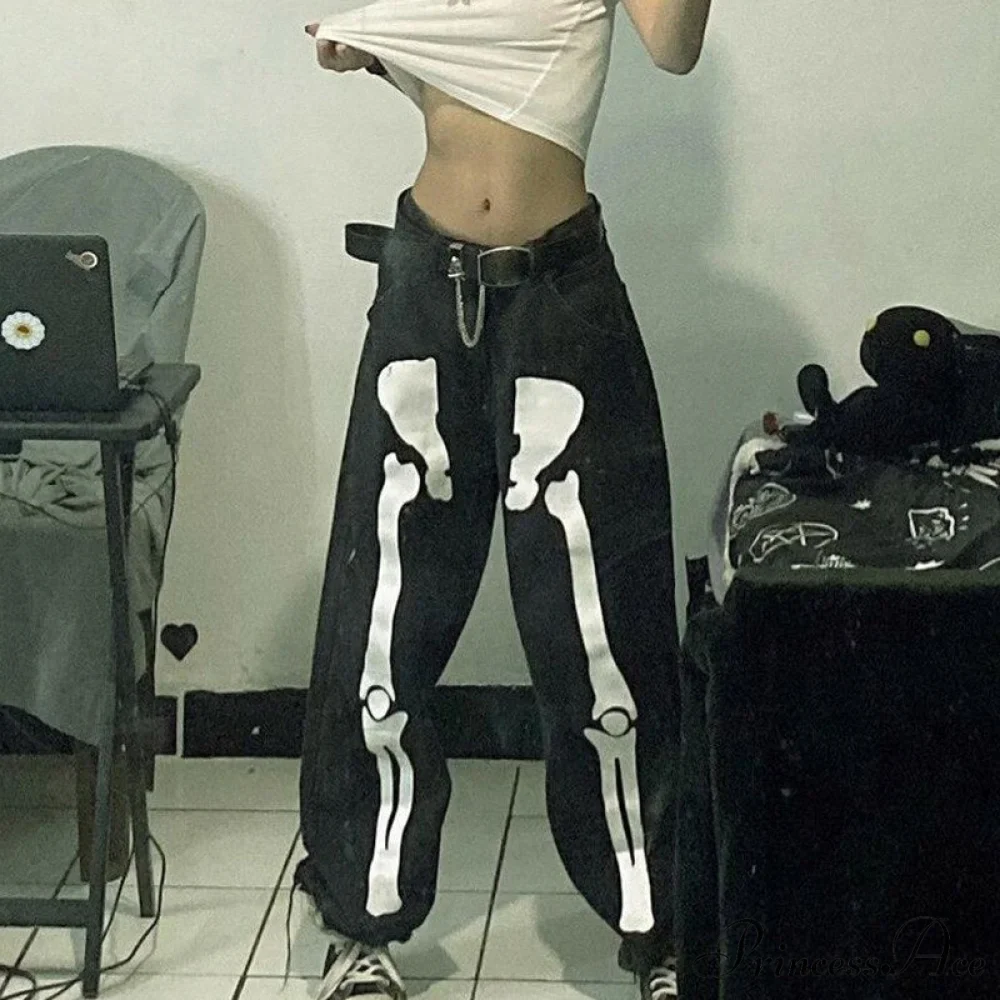 Design Baggy Waist Skeleton Streetwear Jeans Women's Vintage Low Casual Outfits - Image 5