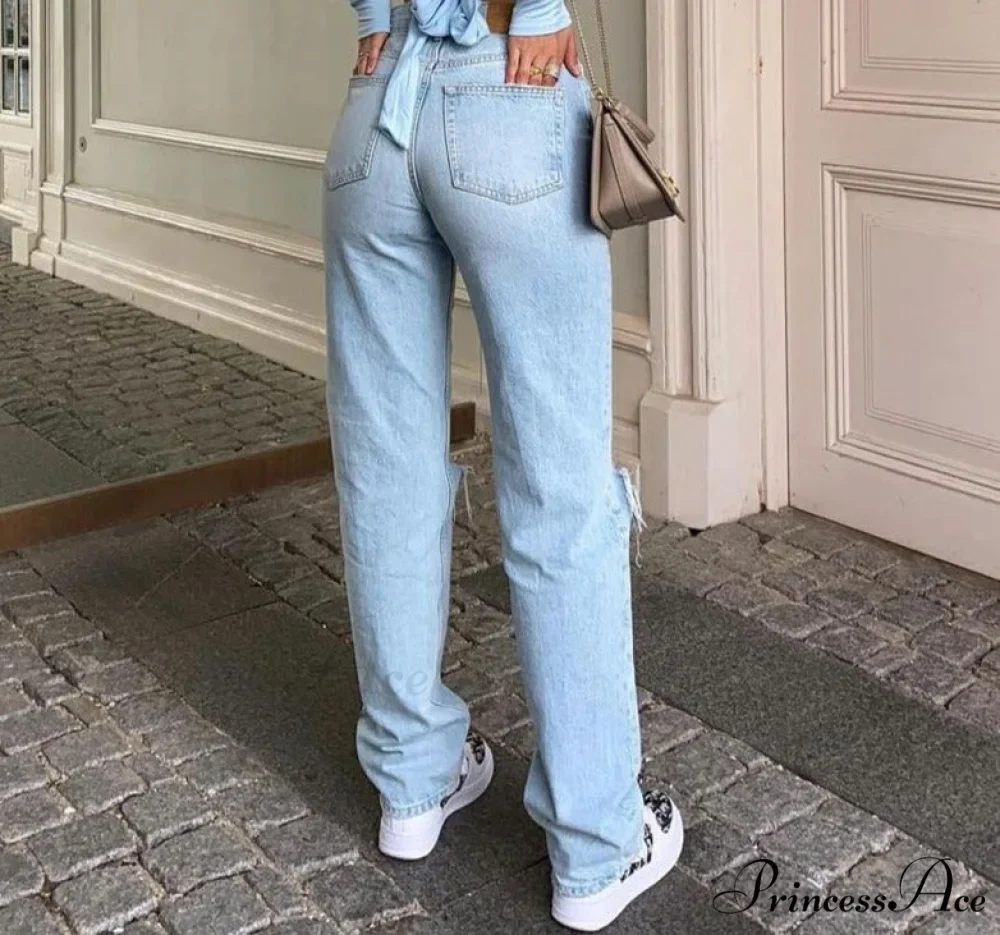 Womens Jeans Blue Cotton Trousers Baggy Wide High Leg Ripped Denim Wash Warm-Season Casual Waist Pants - Image 3