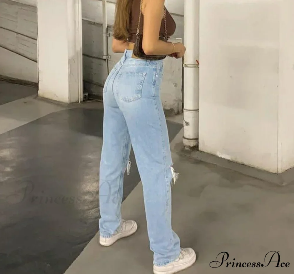Womens Jeans Blue Cotton Trousers Baggy Wide High Leg Ripped Denim Wash Warm-Season Casual Waist Pants - Image 4