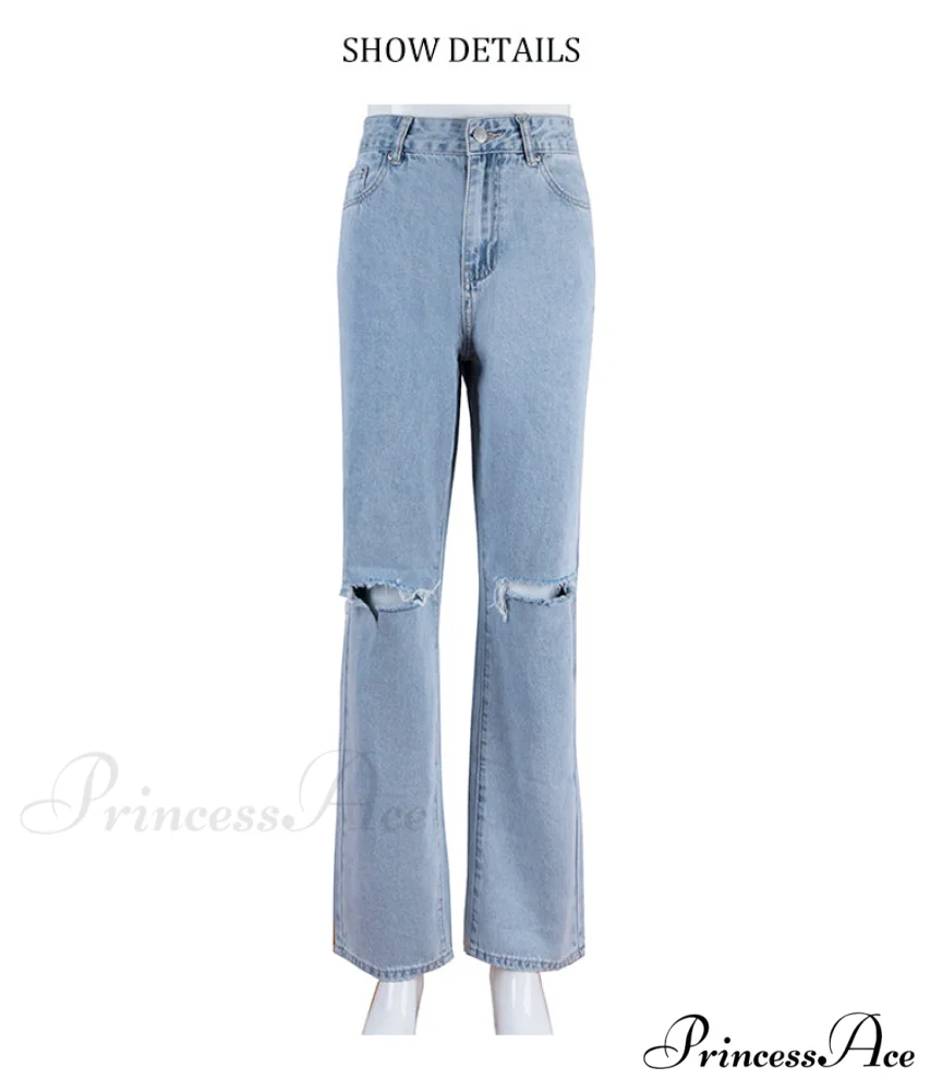 Womens Jeans Blue Cotton Trousers Baggy Wide High Leg Ripped Denim Wash Warm-Season Casual Waist Pants - Image 6