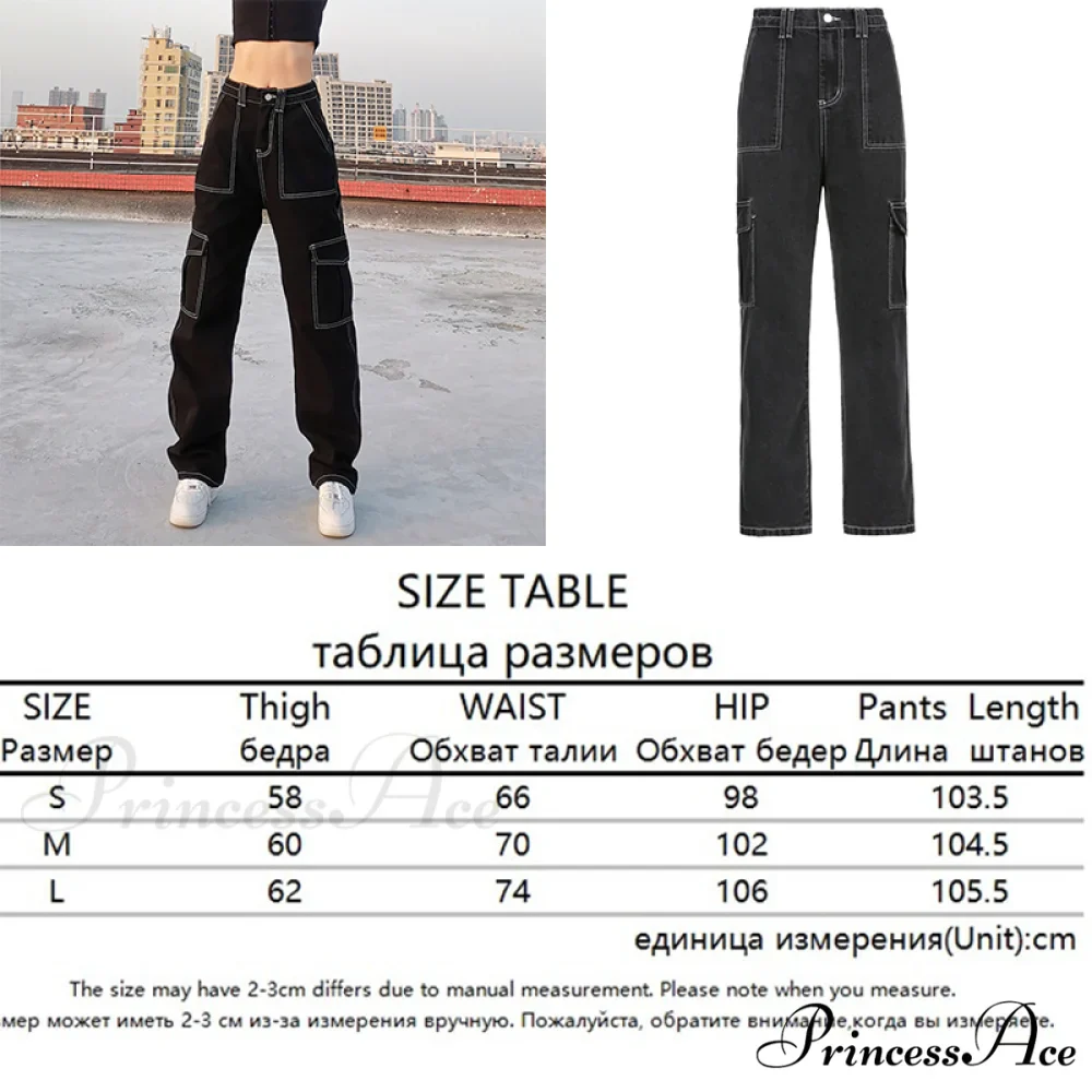 90s Women Waist Low Cargo Wide Pants Straight Jeans Baggy Y2K Denim Pockets Brown Leg Streetwear Vintage Trousers - Image 2