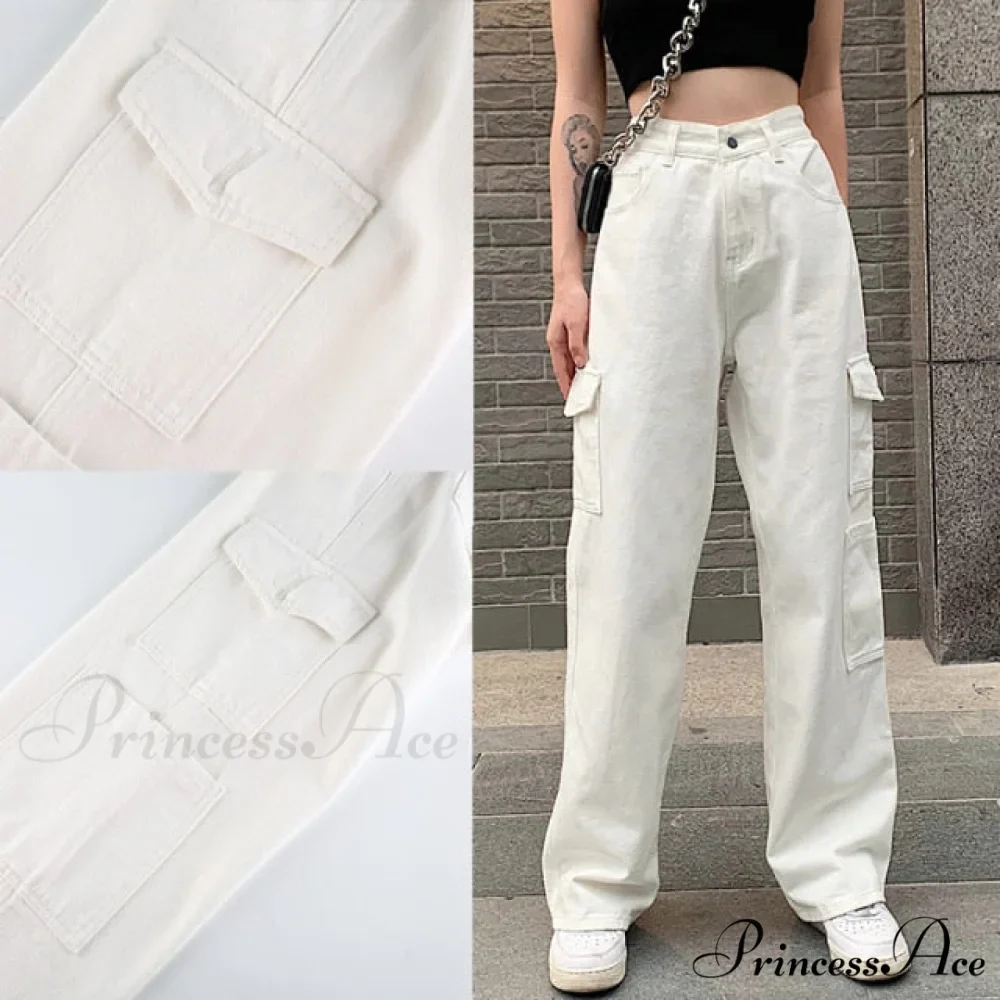 90s Women Waist Low Cargo Wide Pants Straight Jeans Baggy Y2K Denim Pockets Brown Leg Streetwear Vintage Trousers - Image 3
