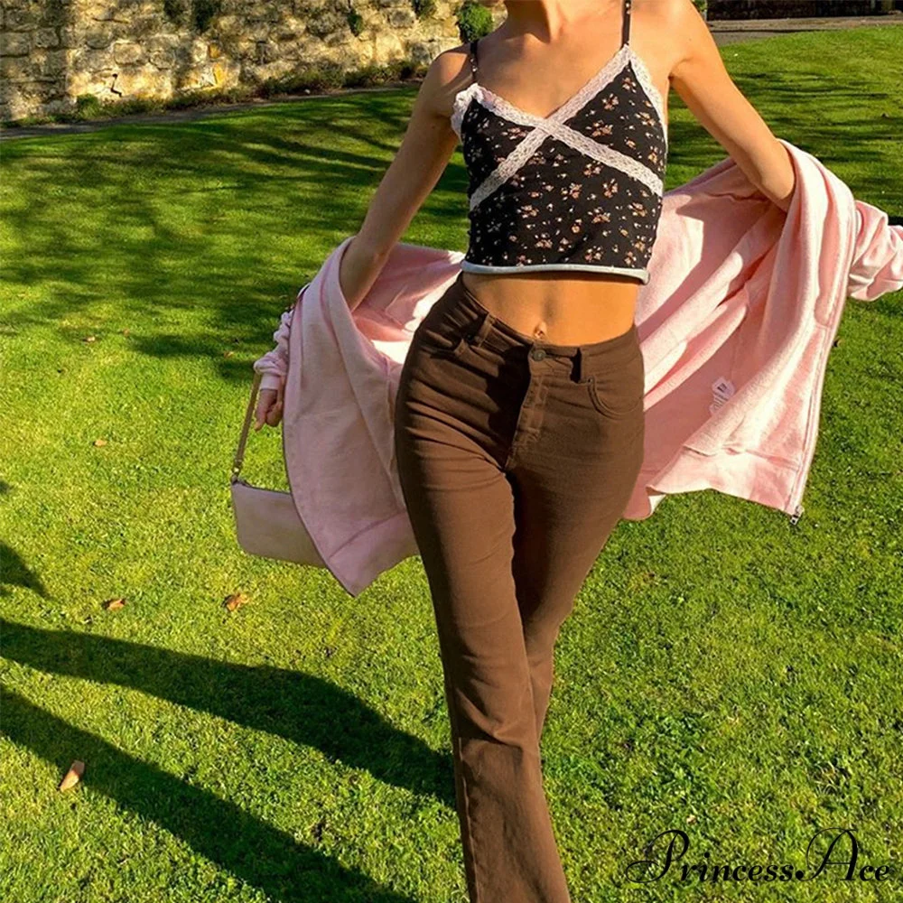 Flared High Black Jeans and in Waist Brown for Khaki Women - Image 9