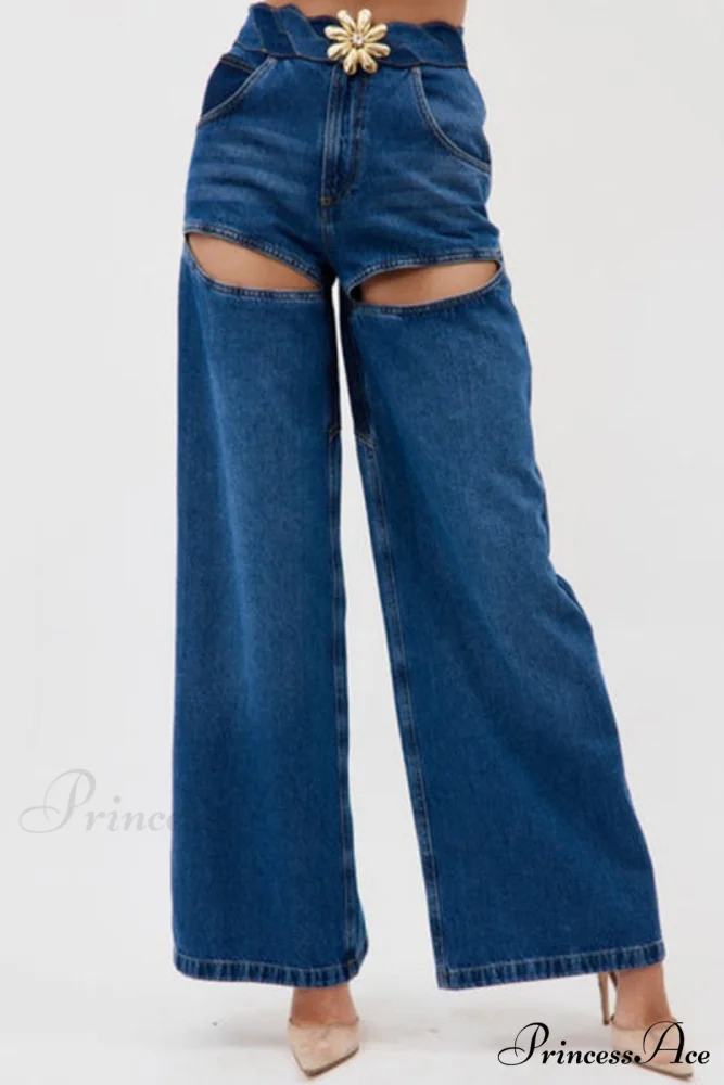 Patchwork Decoration Accessories Waist Denim Metal High Jeans - Image 4