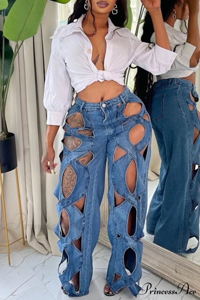 Patchwork Solid High Denim Waist Jeans - Image 2