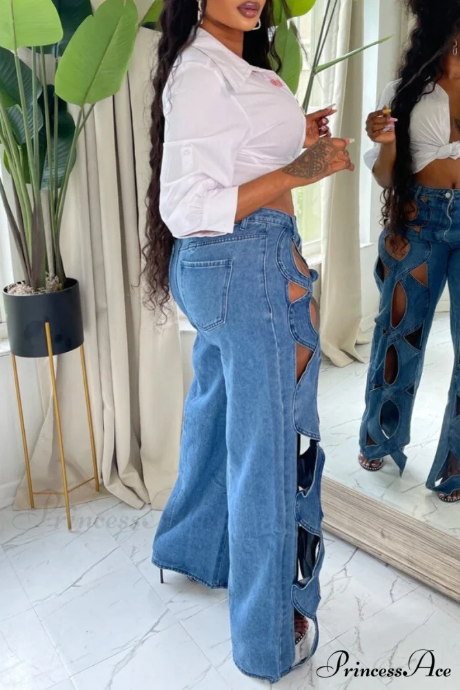 Patchwork Solid High Denim Waist Jeans - Image 3