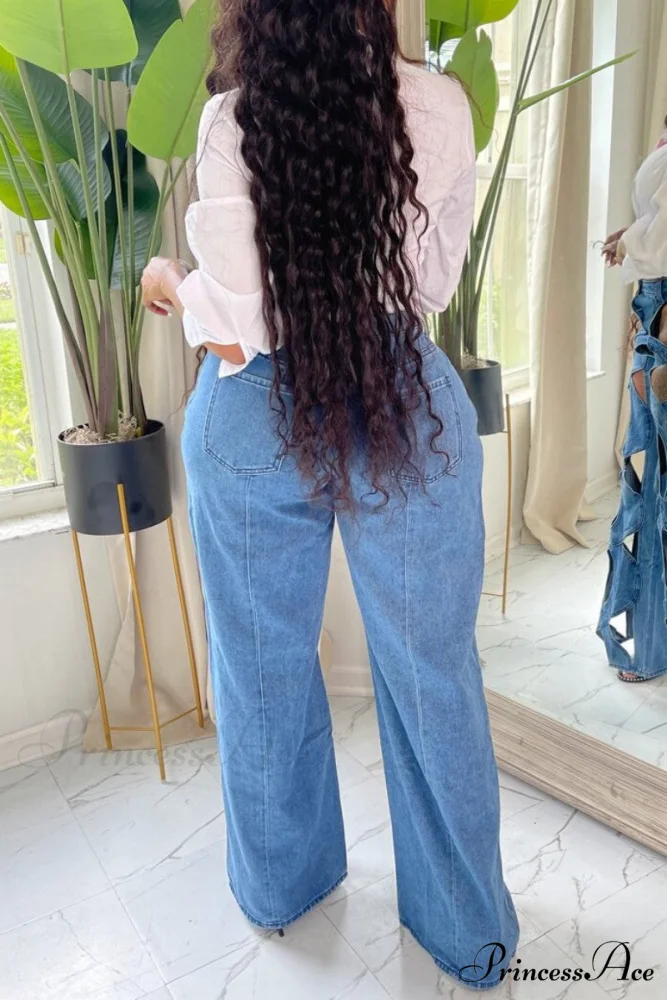 Patchwork Solid High Denim Waist Jeans - Image 4