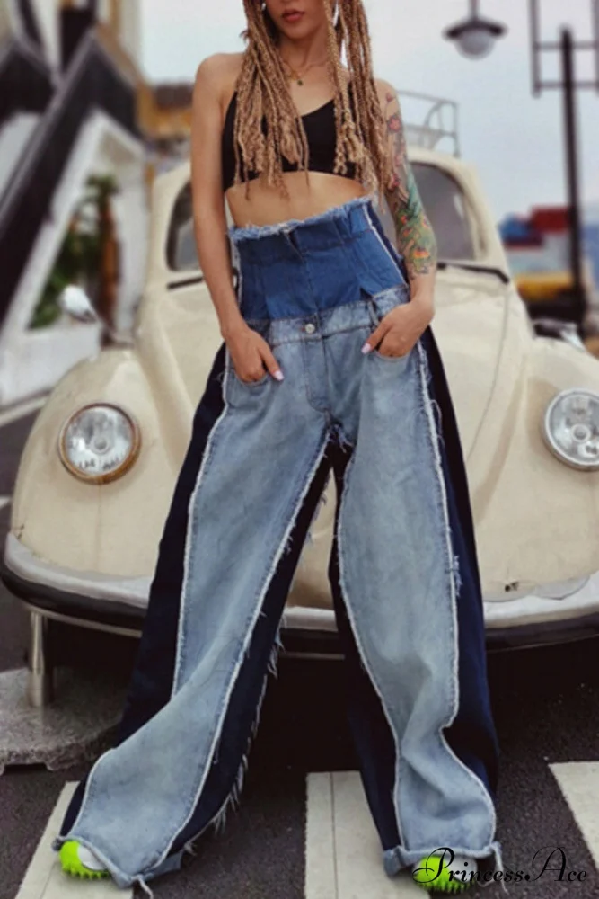 Patchwork Denim Waist High Jeans - Image 2