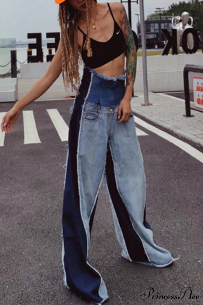 Patchwork Denim Waist High Jeans - Image 3