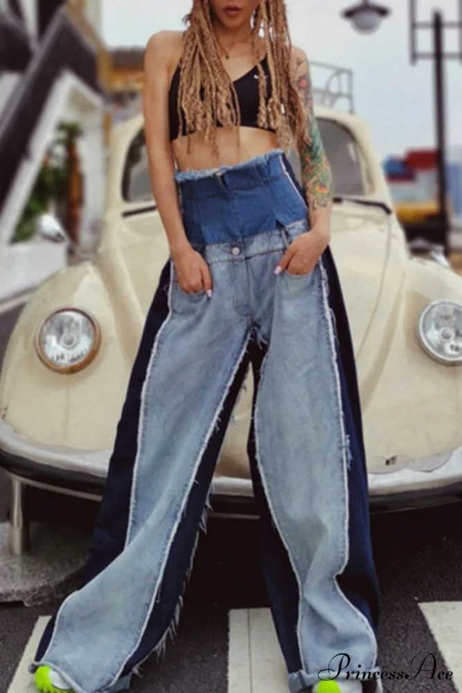 Patchwork Denim Waist High Jeans - Image 4