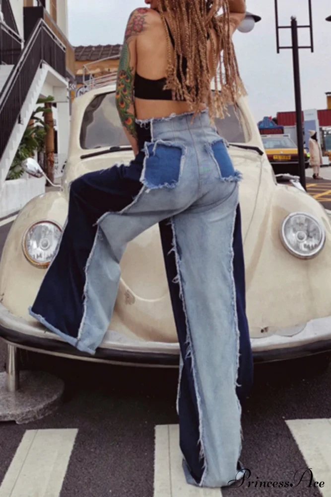 Patchwork Denim Waist High Jeans - Image 5