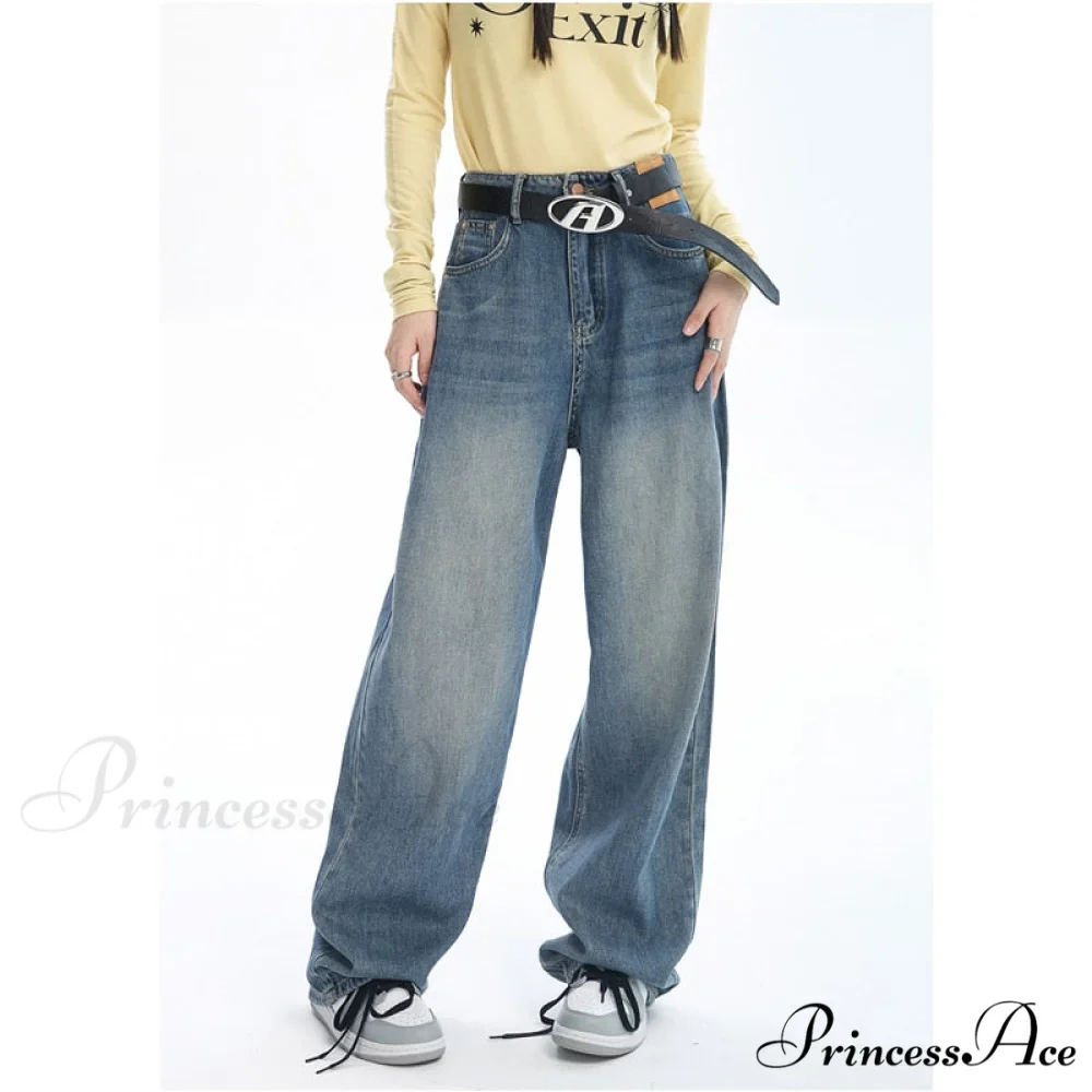 Contrasting Wide Colors for Pants Jeans High Blue Waist Leg with Women - Image 3