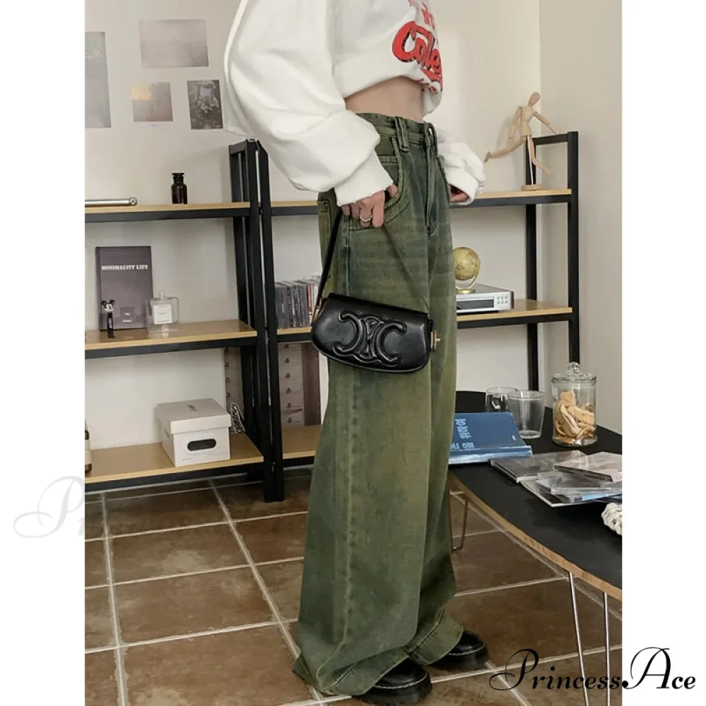 American Fashion Blue Jeans Waist Vintage High Streetwear Dark Leg Women - Denim Wide Trouser - Image 2