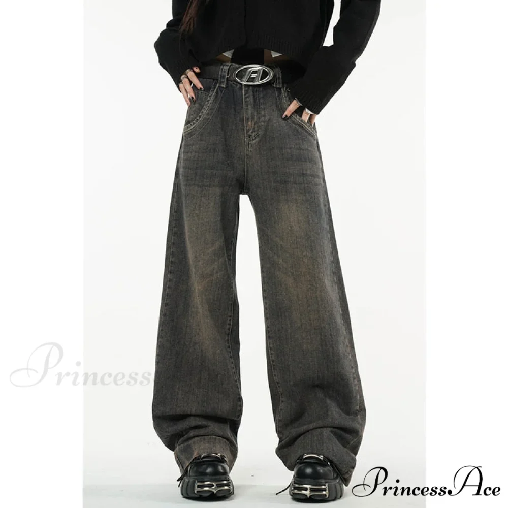American Fashion Blue Jeans Waist Vintage High Streetwear Dark Leg Women - Denim Wide Trouser - Image 4