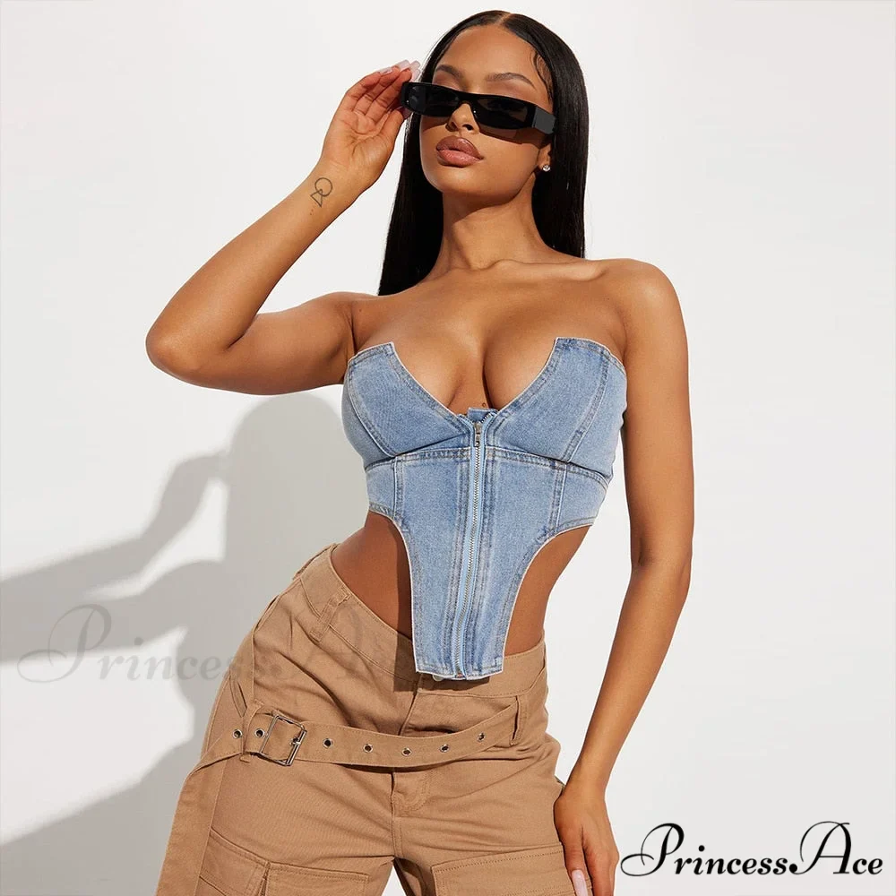 Clubwear Irregular Blue Crop Jeans Tops Warm-Season Denim Party Top Corset Streetwear Zipper Tube Strapless Clothes - Image 4