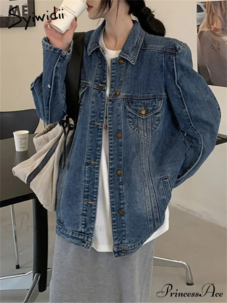 Jeans Jacket Vintage Korean Coat Women's Fashion Casual Oversized 2024 Down Neckline Long Turn Chic Arm Style - Image 2