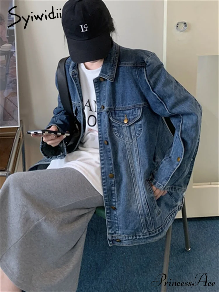 Jeans Jacket Vintage Korean Coat Women's Fashion Casual Oversized 2024 Down Neckline Long Turn Chic Arm Style - Image 3