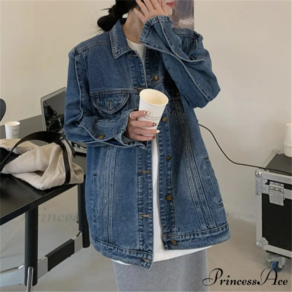 Jeans Jacket Vintage Korean Coat Women's Fashion Casual Oversized 2024 Down Neckline Long Turn Chic Arm Style - Image 4