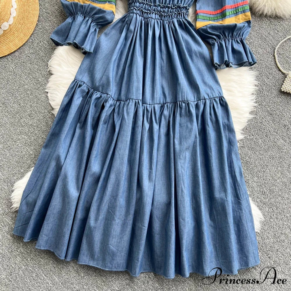 Denim Cowboy National Women Embroidered A Korean Folded Autumn Line Jeans Warm-Season Arm Gown 2024 Long Dress - Image 2