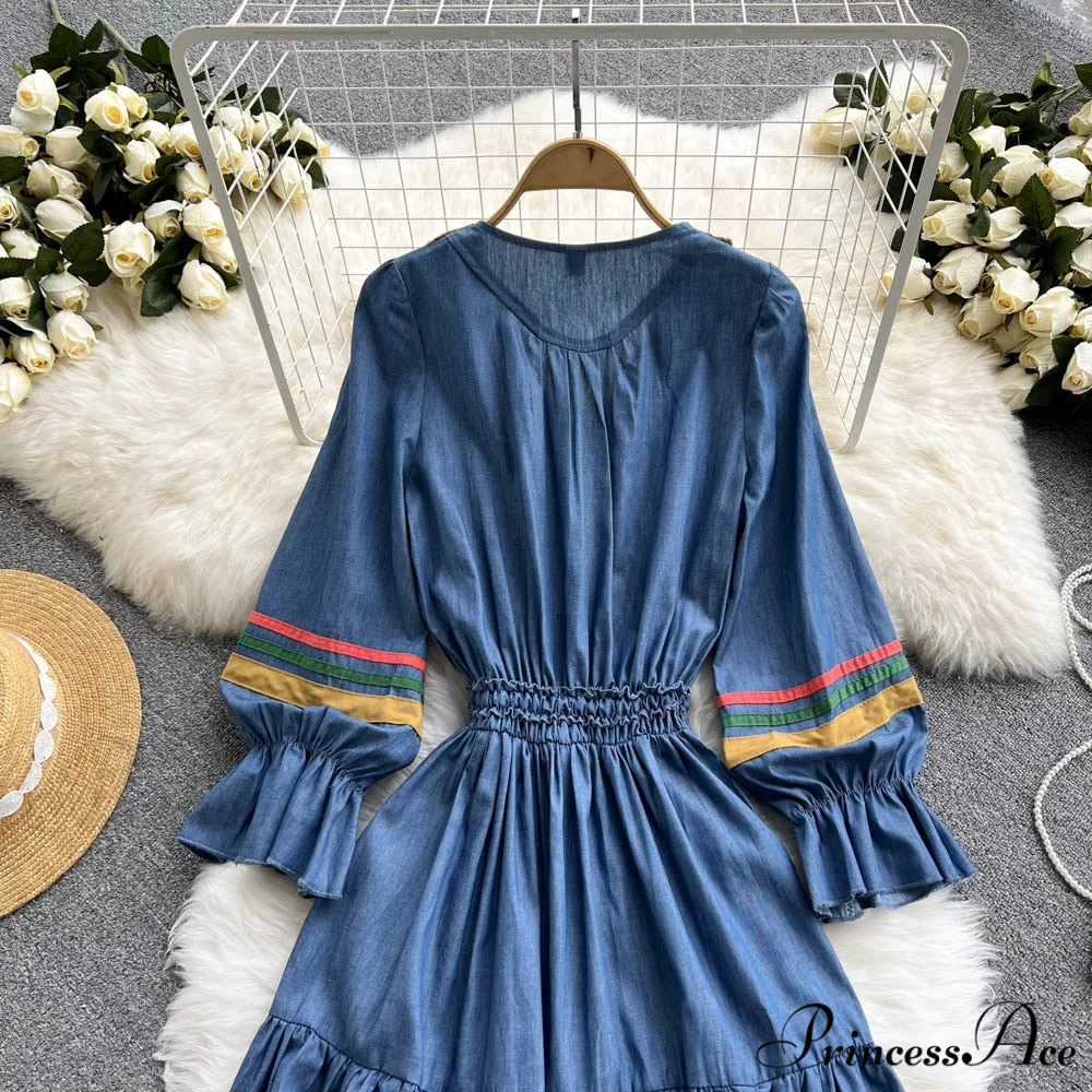 Denim Cowboy National Women Embroidered A Korean Folded Autumn Line Jeans Warm-Season Arm Gown 2024 Long Dress - Image 3