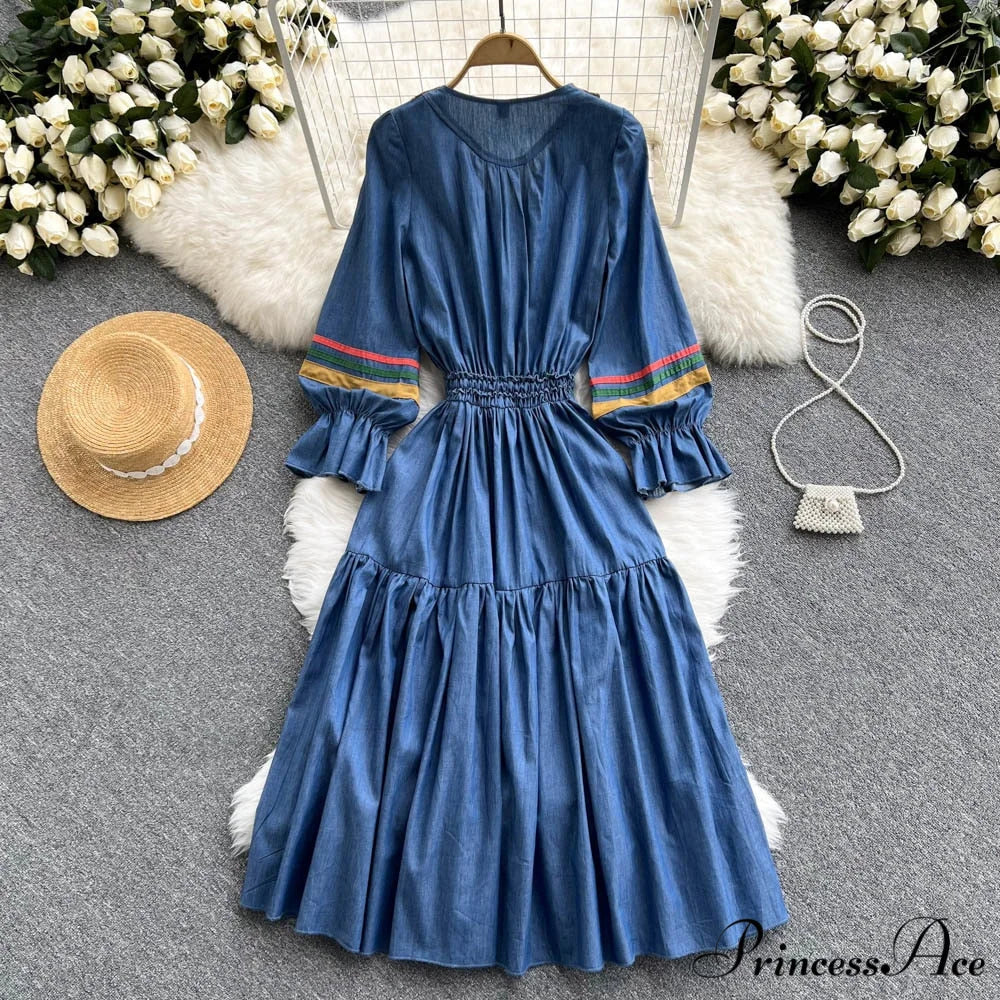 Denim Cowboy National Women Embroidered A Korean Folded Autumn Line Jeans Warm-Season Arm Gown 2024 Long Dress - Image 4