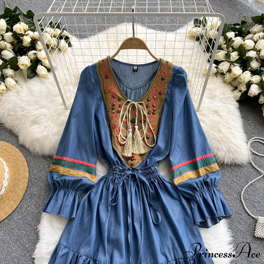 Denim Cowboy National Women Embroidered A Korean Folded Autumn Line Jeans Warm-Season Arm Gown 2024 Long Dress - Image 5