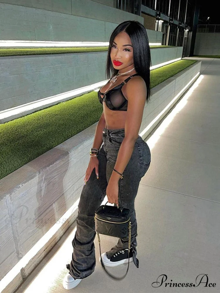Split Grey Up Denim Trousers Style Stacked Bodycon Streetwear Jeans Ruched Baddie Waist Zip Pants High Women - Image 3