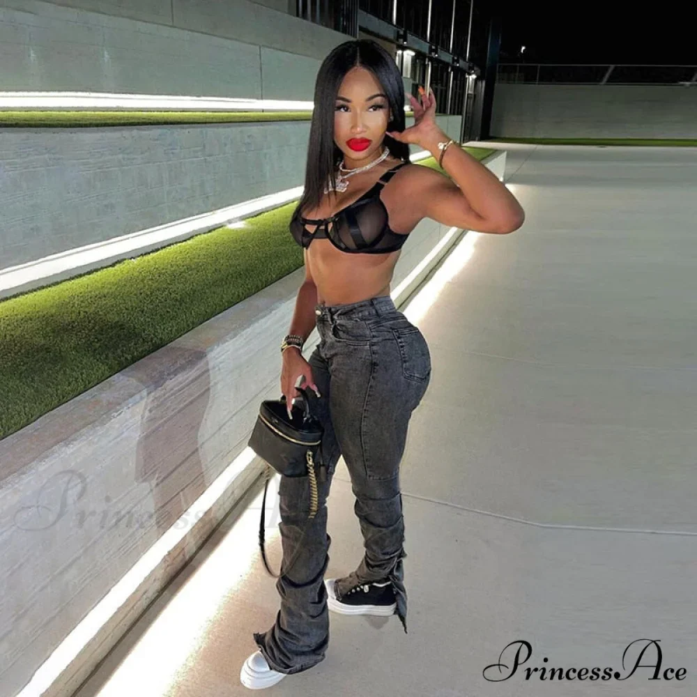 Split Grey Up Denim Trousers Style Stacked Bodycon Streetwear Jeans Ruched Baddie Waist Zip Pants High Women - Image 4
