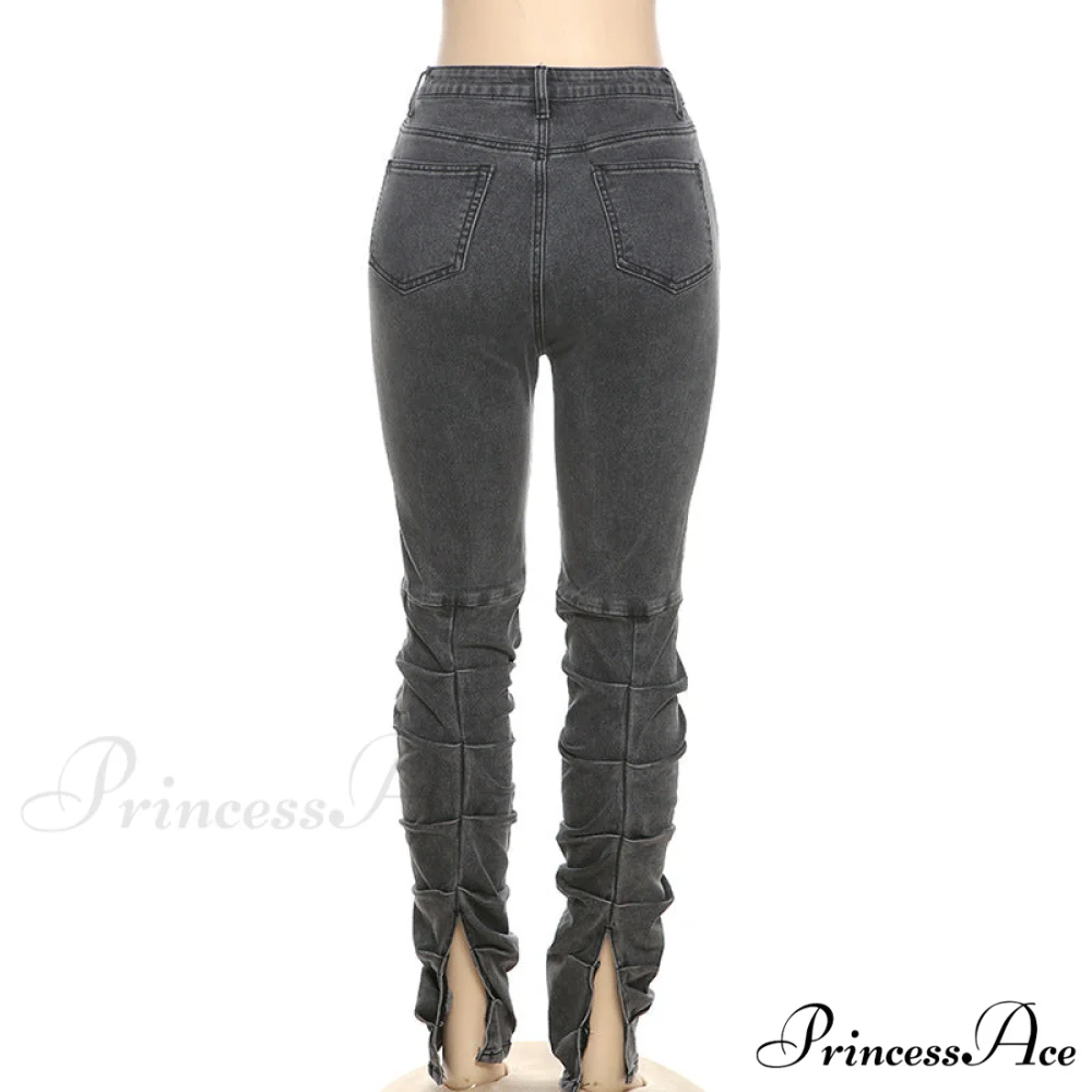 Split Grey Up Denim Trousers Style Stacked Bodycon Streetwear Jeans Ruched Baddie Waist Zip Pants High Women - Image 8