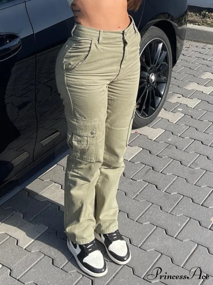 Fashion Baggy Cargo Big Pockets Pants Vintage Slim Y2k Women Waist Denim ArmyGreen High Khaki Streetwear Trousers