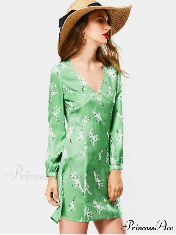 Neck Long Arm Patterned Plunging Elegant Dress - Image 2